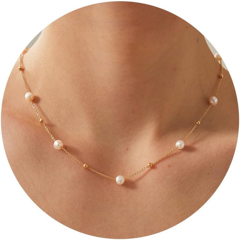 PRTGL Store Pearl Necklace: 14K Gold-Plated/White Gold-plated Pearl Necklace for Women 16.5” + 2” - Image 1